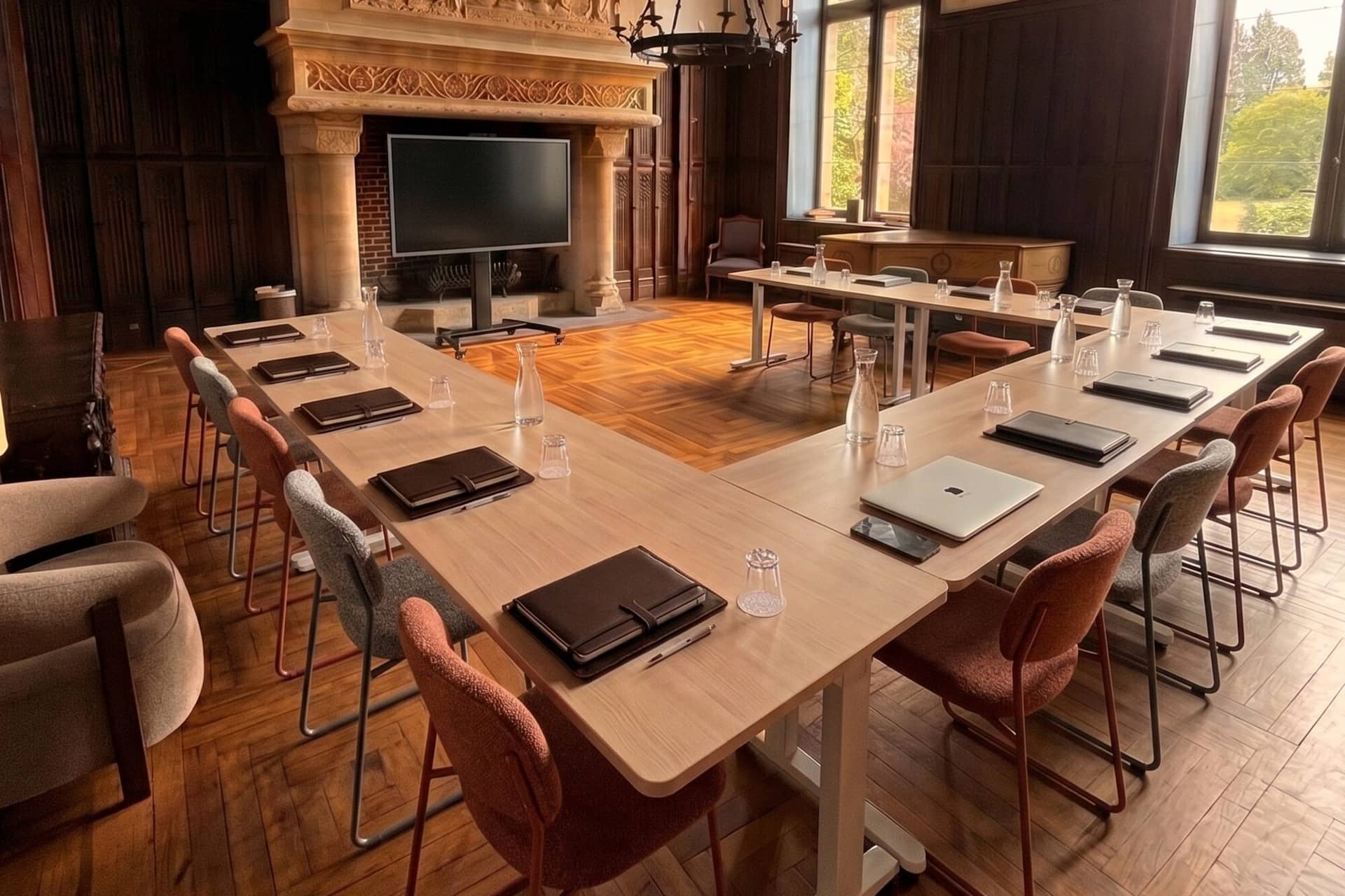 Salon Pulligny installé en U pour un comité de direction, avec écran