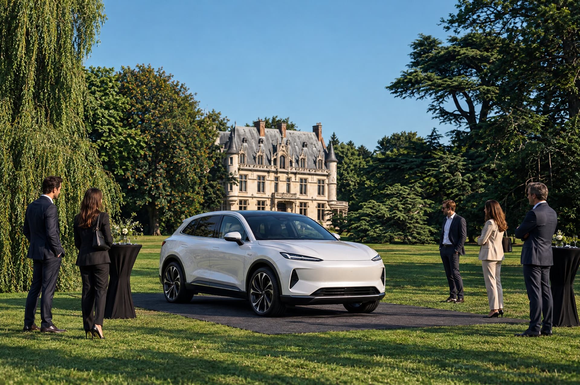 Projection d'une présentation de véhicule sur la pelouse du domaine, château en arrière-plan